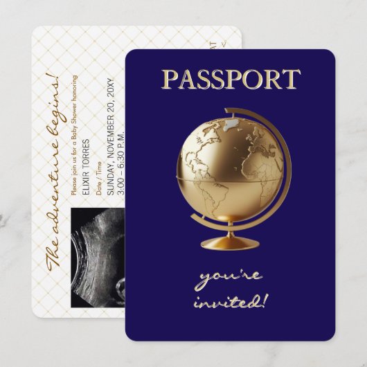 Gold Globe Passport Travel Baby Shower Kaart (Voorkant / Achterkant)