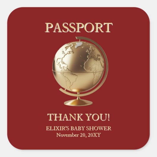 Gold Globe Passport Travel Baby Shower Vierkante Sticker (Voorkant)