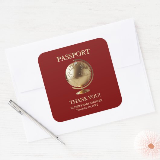 Gold Globe Passport Travel Baby Shower Vierkante Sticker (Envelop)