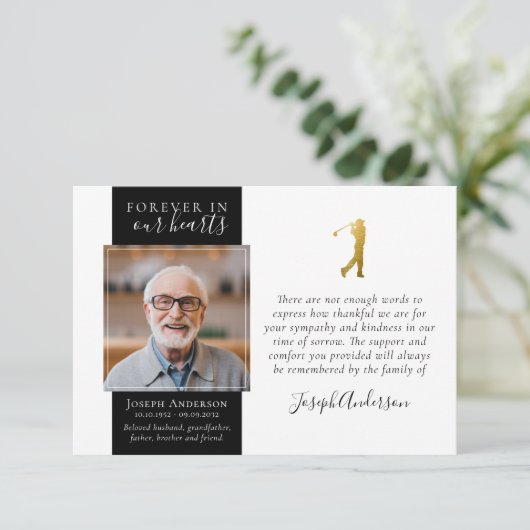 Gold Golfer foto sympathie begrafenis Bedankkaart (Staand voorkant)