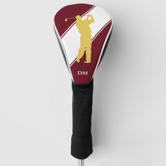 Gold Golfer op Maroon White Golfheadcover (Voorkant)