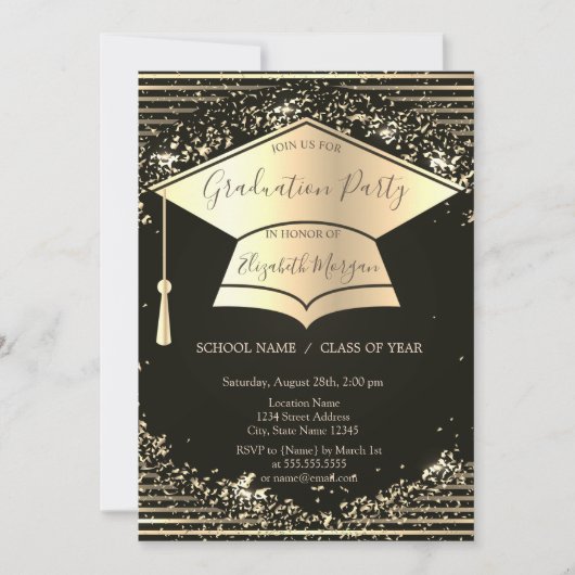 Gold Graduation Cap, Confetti Stripes Afstuderen Kaart (Voorkant)