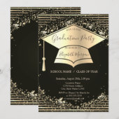 Gold Graduation Cap, Confetti Stripes Afstuderen Kaart (Voorkant / Achterkant)