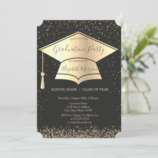 Gold Graduation Cap, Diamonds Confetti Afstuderen Kaart (Staand voorkant)