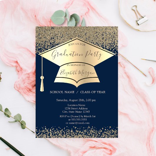 Gold Graduation Cap, Diamonds Navy Blue Afstuderen Kaart