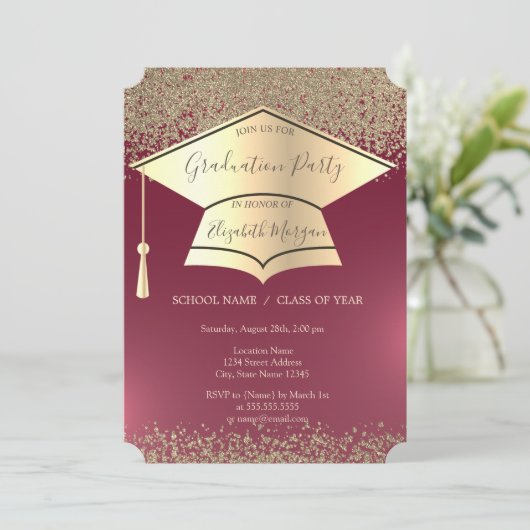 Gold Graduation Cap, Diamonds Red Afstuderen Kaart (Staand voorkant)