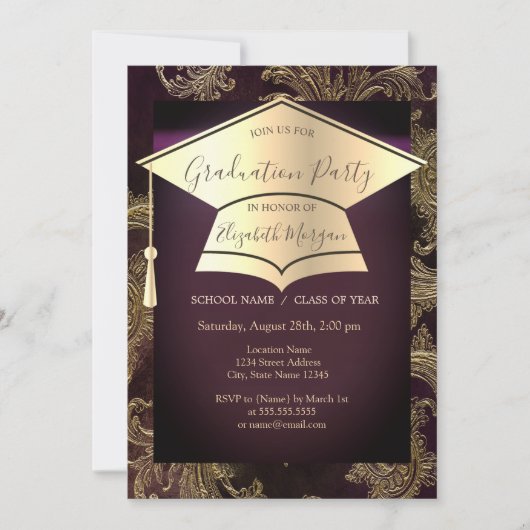 Gold Graduation Cap, Floral Damask Afstuderen Kaart (Voorkant)