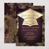 Gold Graduation Cap, Floral Damask Afstuderen Kaart (Voorkant / Achterkant)