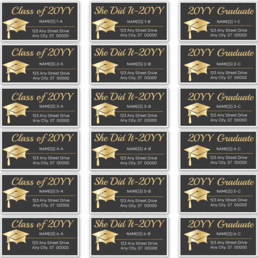 Gold Graduation Cap Klasse Jaar Adresetiketten Sticker (Voorkant)