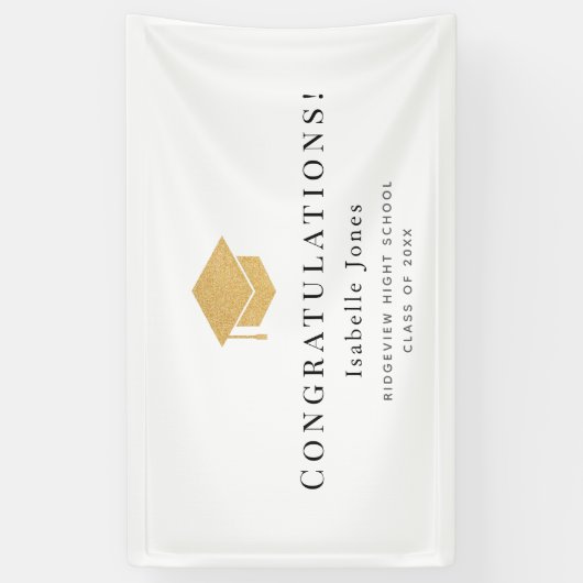 Gold Graduation Cap Minimalistisch Wit Afstuderen Spandoek (Verticaal)