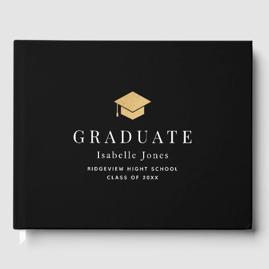 Gold Graduation Cap Minimalistisch Zwart Afstudere Gastenboek (Voorkant)