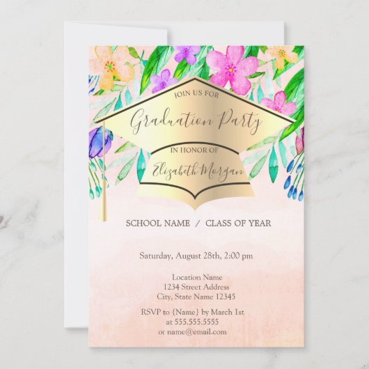 Gold Graduation Cap Spring Flowers Afstuderen Kaart (Voorkant)