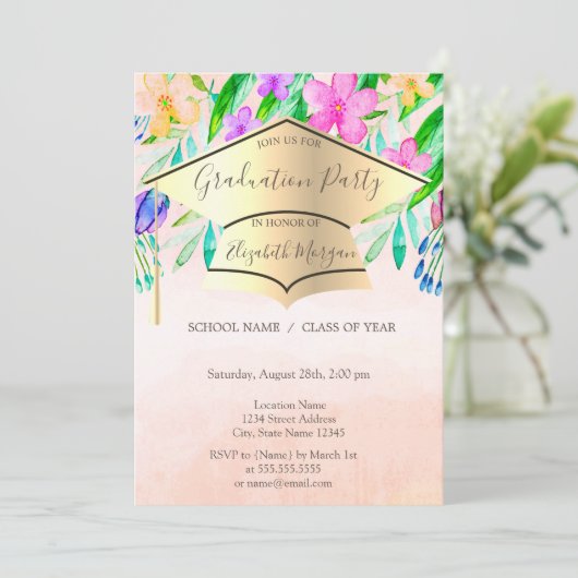 Gold Graduation Cap Spring Flowers Afstuderen Kaart (Staand voorkant)