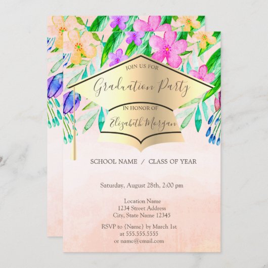 Gold Graduation Cap Spring Flowers Afstuderen Kaart (Voorkant / Achterkant)