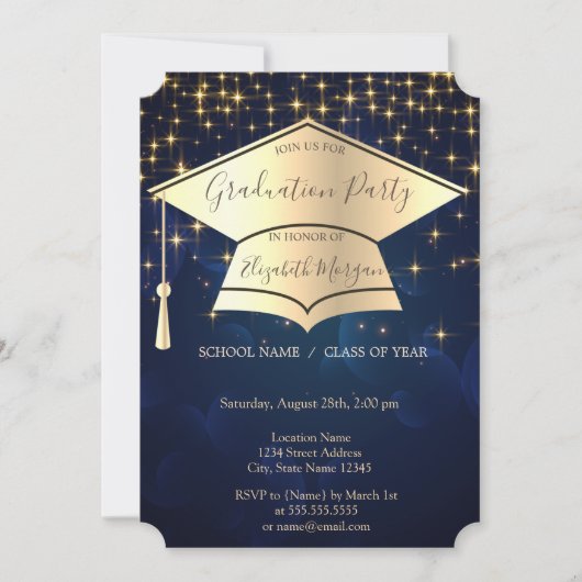 Gold Graduation Cap, Stars Blue Afstuderen Kaart (Voorkant)