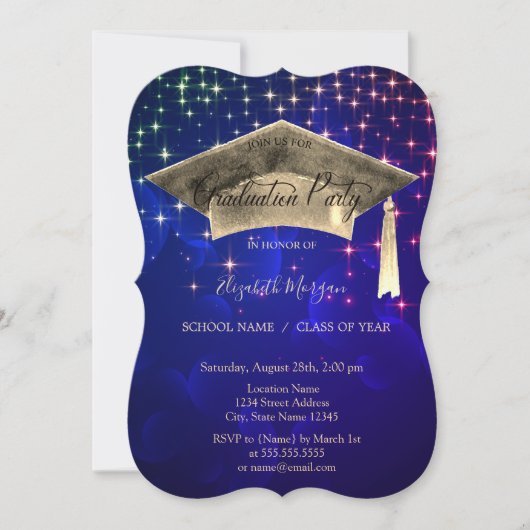 Gold Graduation Cap, Stars Blue Afstuderen Kaart (Voorkant)