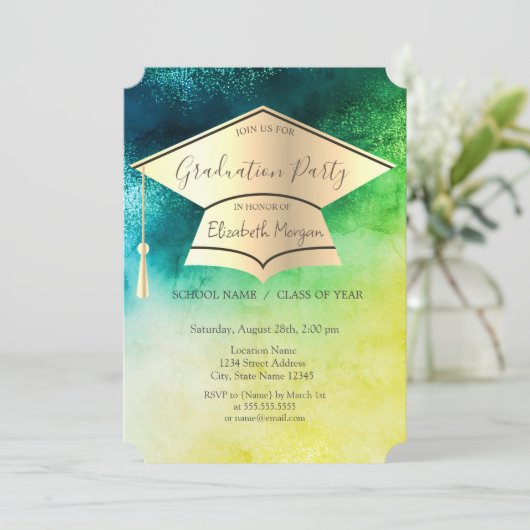 Gold Graduation Cap, Waterverf Green Afstuderen Kaart (Staand voorkant)