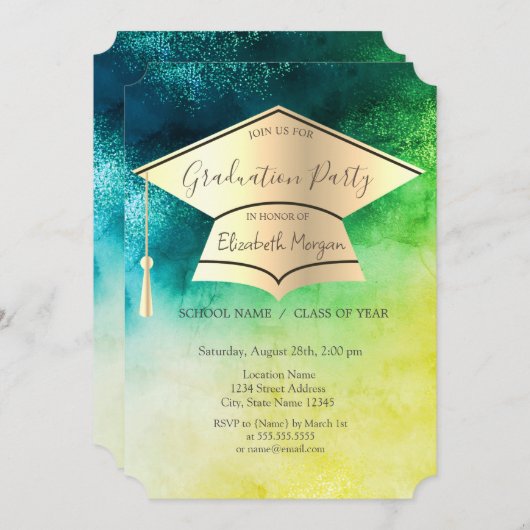 Gold Graduation Cap, Waterverf Green Afstuderen Kaart (Voorkant / Achterkant)