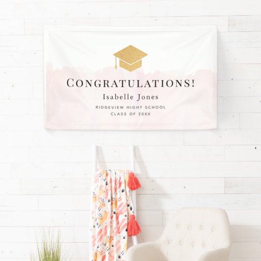 Gold Graduation Cap Waterverf Roze Afstuderen Spandoek (Insitu)