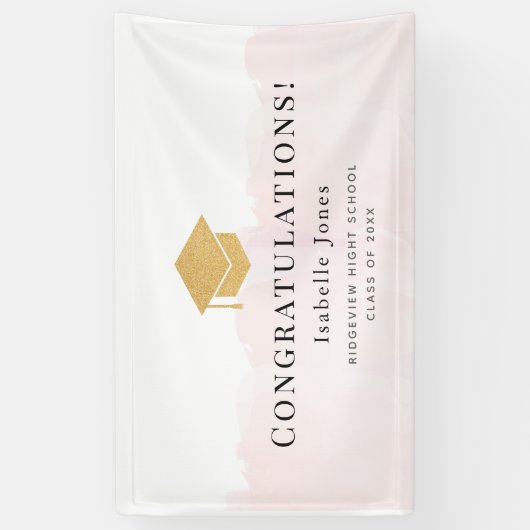 Gold Graduation Cap Waterverf Roze Afstuderen Spandoek (Verticaal)
