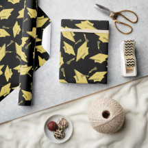 Gold Graduation Caps in de lucht op Black Fun Part