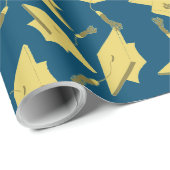 Gold Graduation Caps in de lucht op Blue Fun Party Cadeaupapier (Rol Hoek)