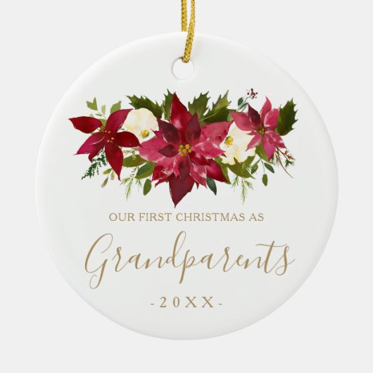 Gold Grandouders First Kerstfoto Poinsettia Keramisch Ornament (Voorkant)