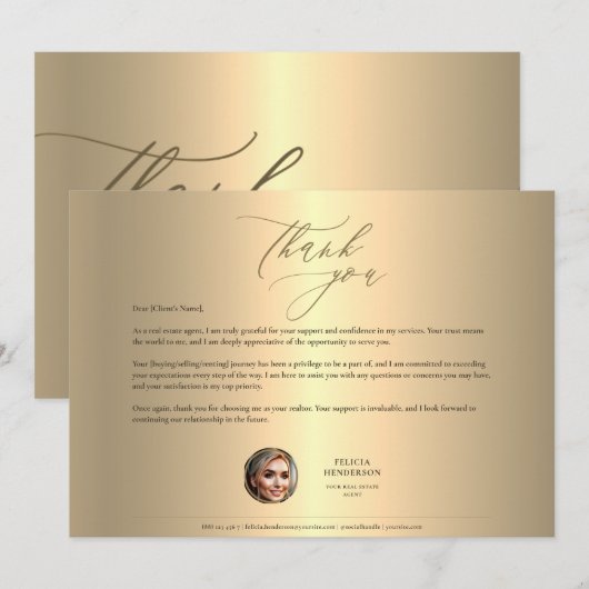 Gold Grateful Appreciation Real Estate Agent Gold Bedankkaart (Voorkant / Achterkant)