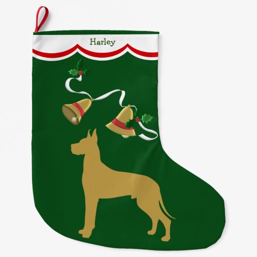 Gold Great Dane Holiday Bells Grote Kerstsok (Voorkant)