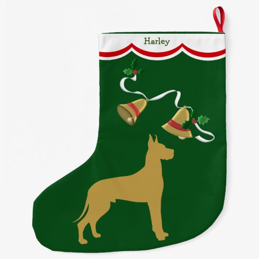 Gold Great Dane Holiday Bells Grote Kerstsok (Achterkant)