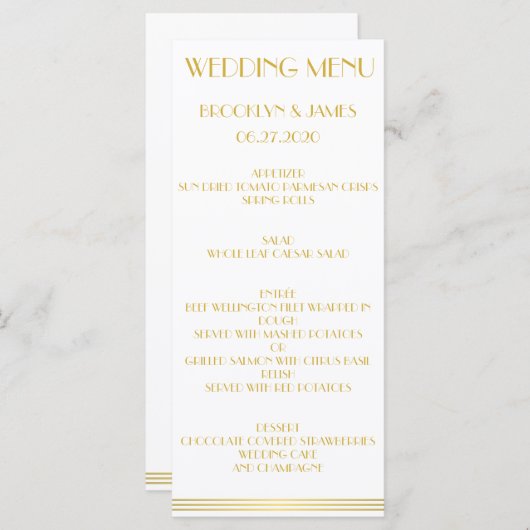 Gold Great Gatsby Wedding Menu Kaarten (Voorkant / Achterkant)