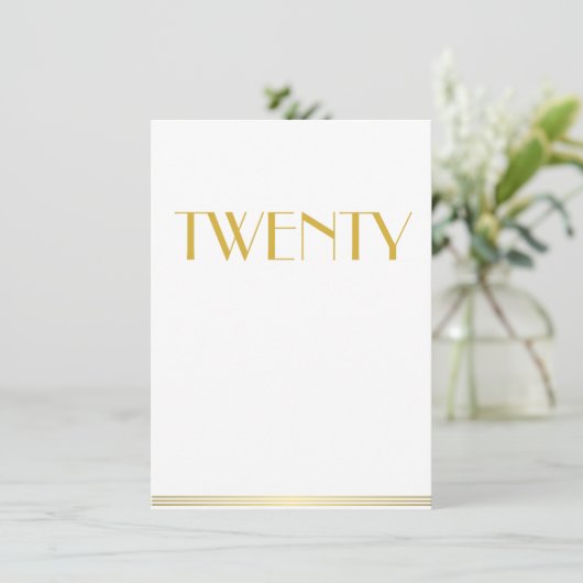 Gold Great Gatsby Wedding Table Kaarten Twintig (Staand voorkant)