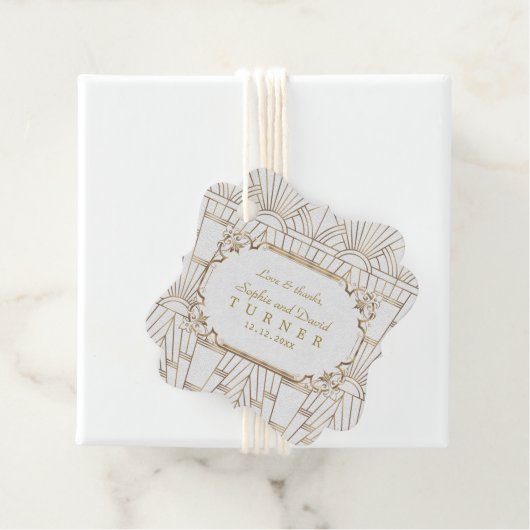 Gold Great Gatsby White Art Deco 1920s Wedding Bedankjes Labels (In situ)