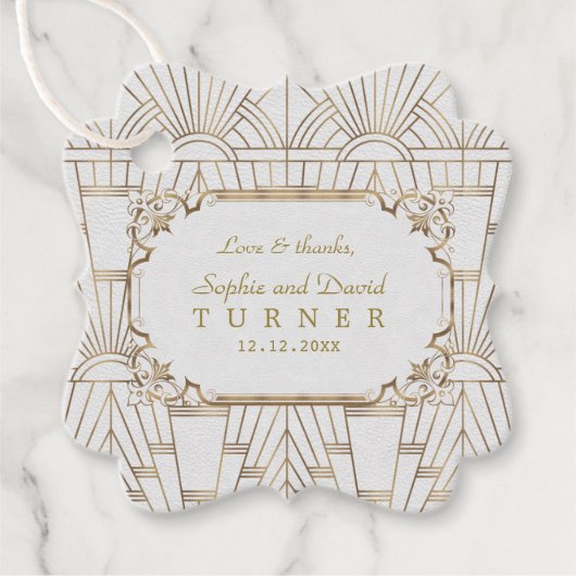 Gold Great Gatsby White Art Deco 1920s Wedding Bedankjes Labels (Voorkant)