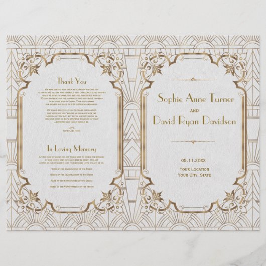 Gold Great Gatsby White Art Deco Wedding Program (Voorkant)