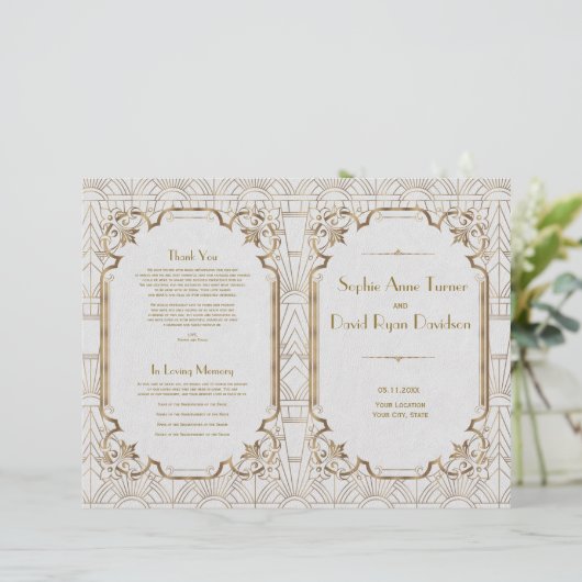 Gold Great Gatsby White Art Deco Wedding Program (Staand voorkant)