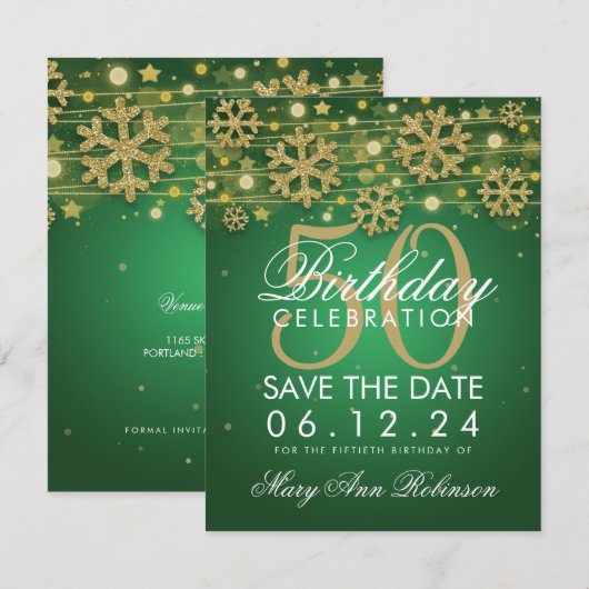 Gold Green 50th Birthday Save Date Winter Kaart (Voorkant / Achterkant)