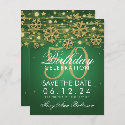 Gold Green 50th Birthday Save Date Winter Save The Date (Voorkant / Achterkant)