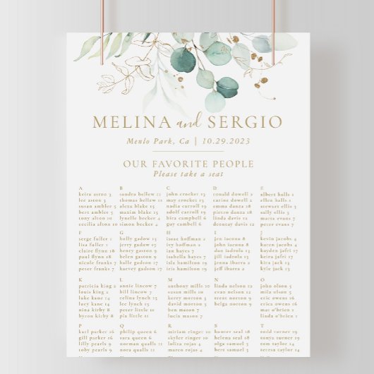 Gold Green Alfabetical Wedding Seating Chart Poster