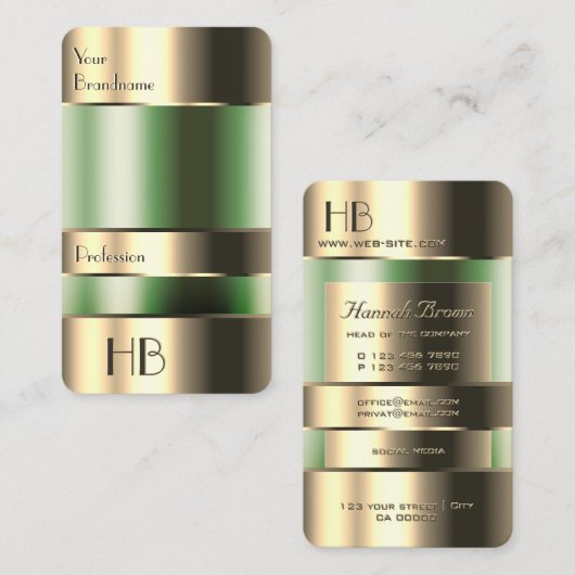 Gold Green Bin Faux Engraving Font met Initialen Visitekaartje (Voorkant / Achterkant)