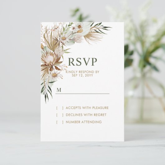 Gold & Green Boho Wedding Response Kaart (Staand voorkant)