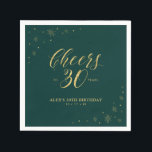 Gold & Green Cheers 30th Birthday Party Napkins Servet<br><div class="desc">Deze aangepaste papieren servet voegt stijlvolle details toe aan uw speciale dag. Dit ontwerp is voorzien van een gladde grafische vormgeving en typografie "Cheers to 30 years" in een gouden foliestructuur op een groene achtergrond. Ideaal voor een modern gouden thema op de 30ste verjaardag. In mijn winkel BaraBomDesign zijn ook...</div>