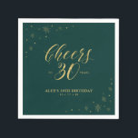 Gold & Green Cheers 30th Birthday Party Napkins Servet<br><div class="desc">Deze aangepaste papieren servet voegt stijlvolle details toe aan uw speciale dag. Dit ontwerp is voorzien van een gladde grafische vormgeving en typografie "Cheers to 30 years" in een gouden foliestructuur op een groene achtergrond. Ideaal voor een modern gouden thema op de 30ste verjaardag. In mijn winkel BaraBomDesign zijn ook...</div>