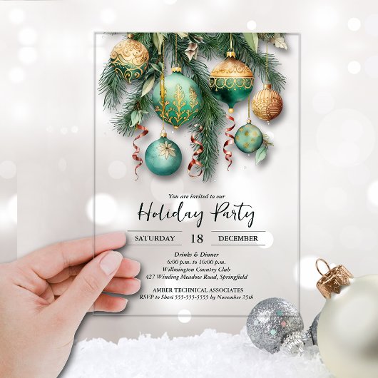 Gold Green Christmas Ornaments Party Acryl Uitnodigingen