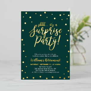 Gold & Green Confetti Surprise Retirement Party Folie Uitnodiging