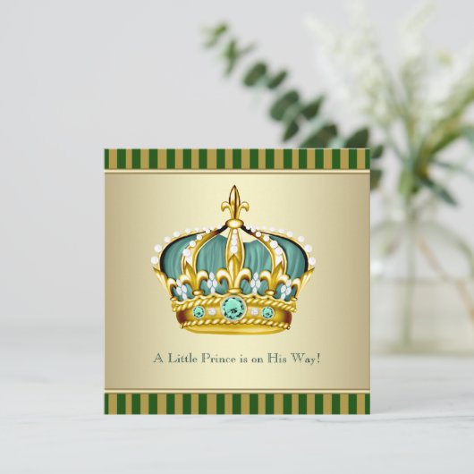 Gold Green Crown Prince Baby Shower Kaart (Staand voorkant)