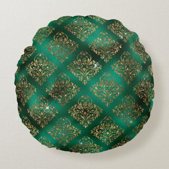 Gold Green Damask Elegant Chic Glitter Rond Kussen (Voorkant)