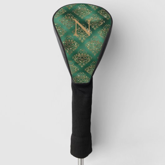 Gold Green Damask Elegant Monogram Glitter Golfheadcover (Voorkant)