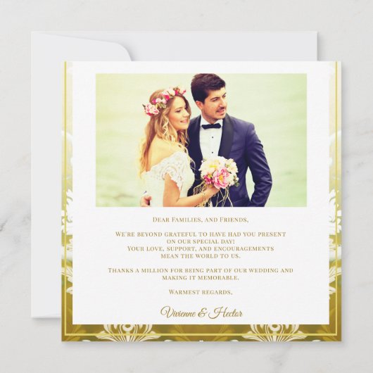 Gold Green Damask Wedding Bedankkaart (Achterkant)