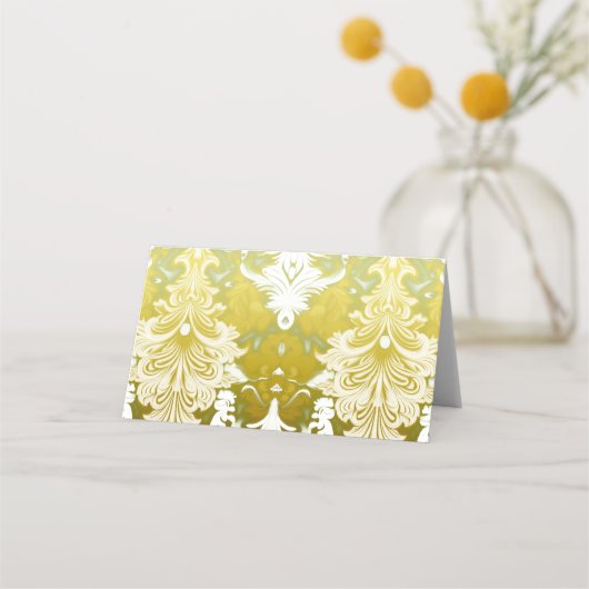 Gold Green Damask Wedding Plaatskaartje (Achterkant)